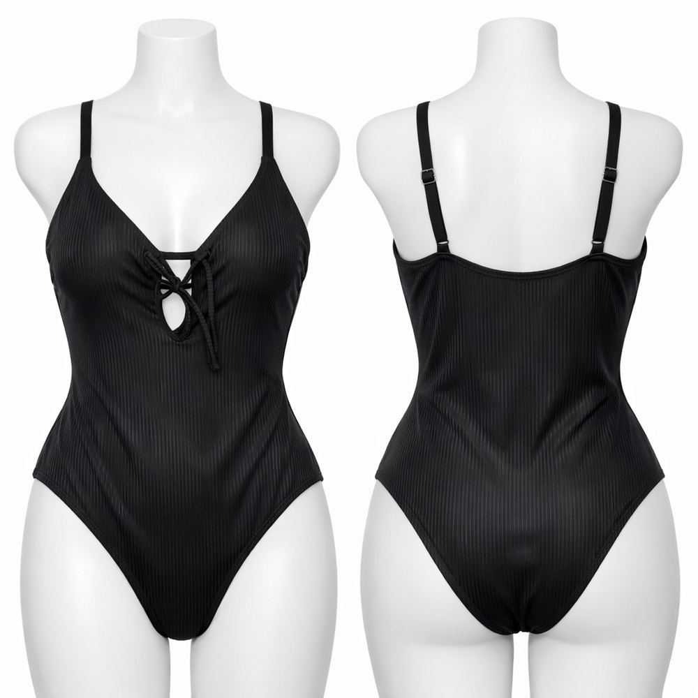 NEW No Boundaries Black Ribbed One-Piece Swimsuit XS (0-2) Sexy Tie Front